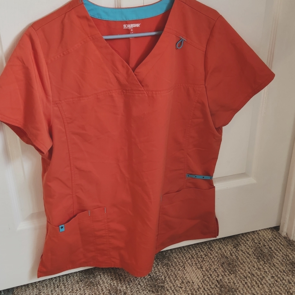 Cherokee Women's Orange Scrub Top with Blue Accents